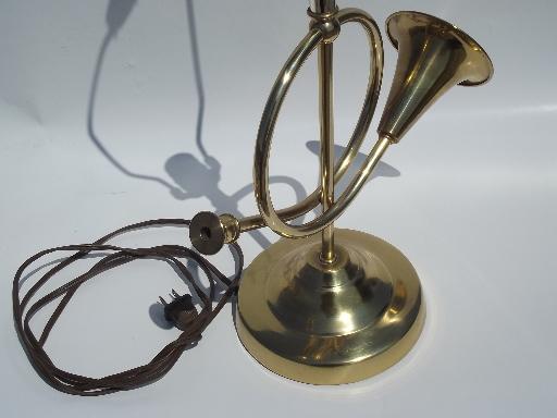 vintage brass horn piano lamp, music room table lamp or desk light