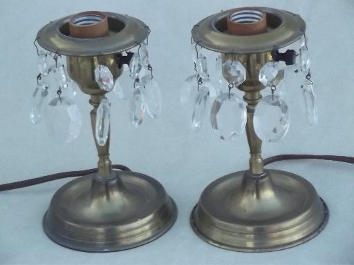 vintage brass mantel lamps pair w/ glass shades and teardrop prisms