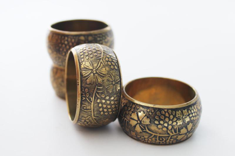 vintage brass napkin rings w/ hand tooled carving, grapevine and flowers