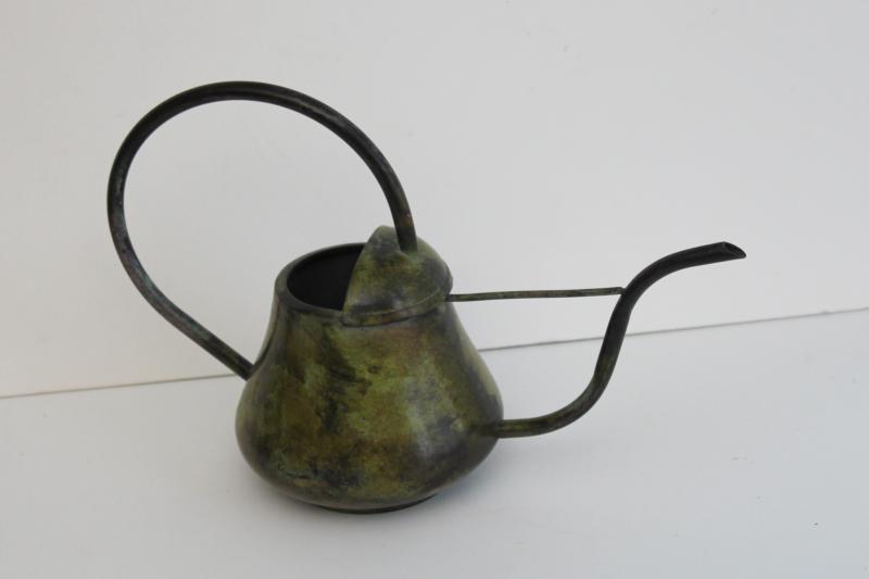 vintage brass or bronze watering can w/ long spout, antique verdigris painted finish