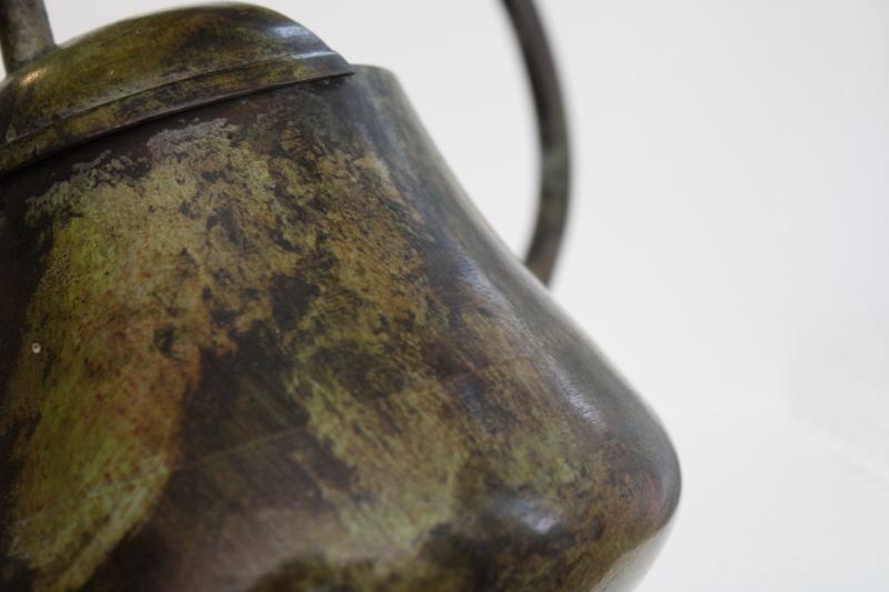 vintage brass or bronze watering can w/ long spout, antique verdigris painted finish