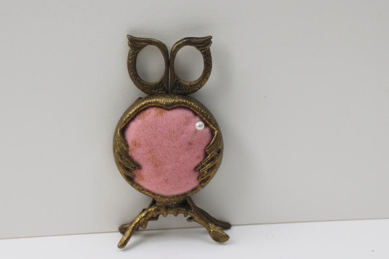 vintage brass owl sewing helper chatelaine, pincushion w/ tiny scissors