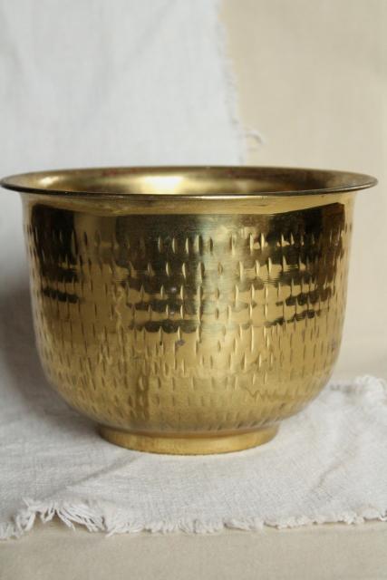 vintage brass planter, large pot for indoor tree or cactus, hammered metal w/ tree bark texture