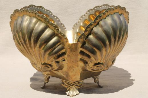 vintage brass planter or cachepot w/ seashells, large shell shaped