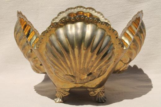 vintage brass planter or cachepot w/ seashells, large shell shaped bowl