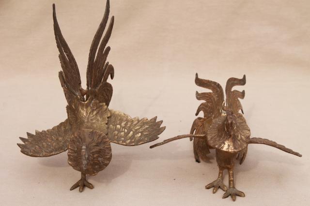 vintage brass roosters, pair of fierce fighting birds, cast metal animal figurines