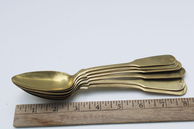 vintage brass spoons, set of large soup spoons w/ fiddleback shape handles, antique colonial style