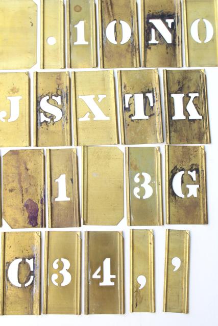 vintage brass stencils interlocking letters, old type lettering, numbers, punctuation