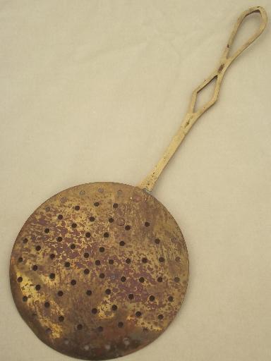 vintage brass strainer paddle, large flat sieve spoon w/ long handle
