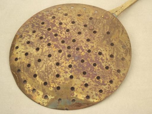 vintage brass strainer paddle, large flat sieve spoon w/ long handle