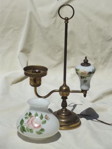 vintage brass student lamp w/ painted milk glass shade shade & font