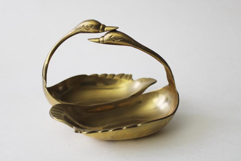 vintage brass swans, pair of birds double sided dish catch all dresser tray