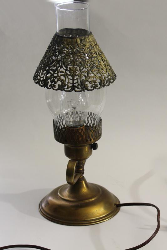 vintage brass table lamp, glass hurricane w/ filigree metal shade, bohemian style