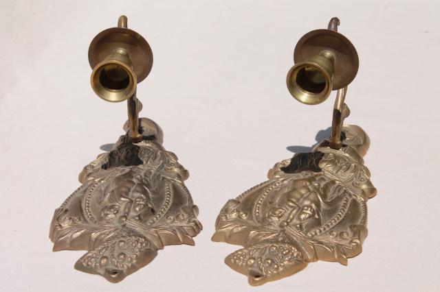 vintage brass wall sconce pair, candle sconces w/ embossed figures of classical mythology