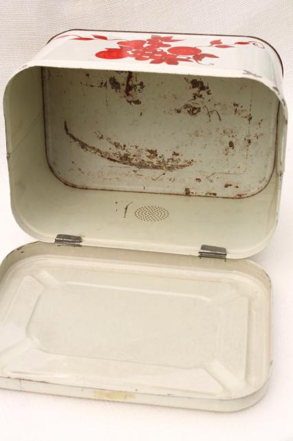vintage bread tin breadbox, shabby old white paint w/ red stencil painted fruit