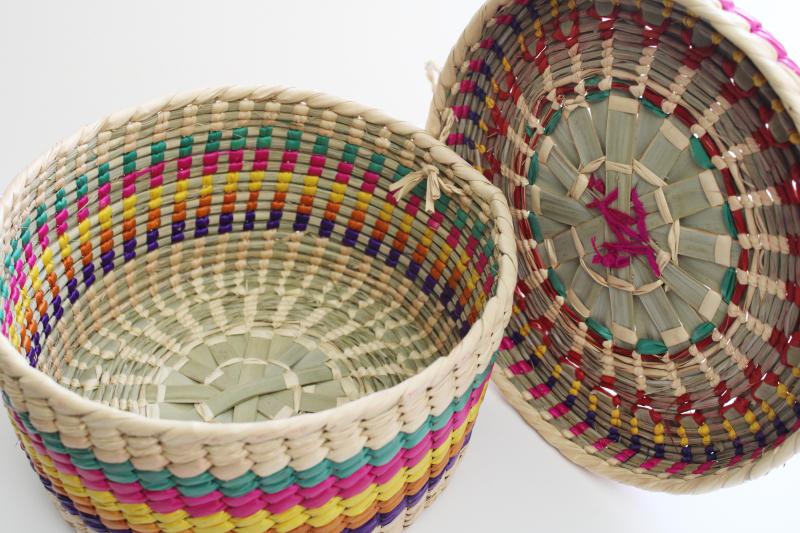vintage bright colored woven straw sewing basket, round hat box shape