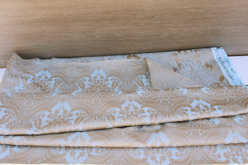 vintage brocade fabric, french blue  bronze soft silky poly for décor or fashion sewing