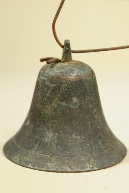 vintage bronze or brass bell w/ iron clapper, old tarnished dark verdigris patina
