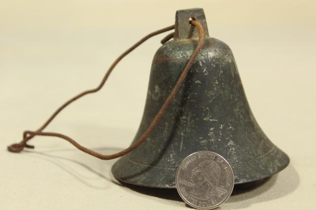 vintage bronze or brass bell w/ iron clapper, old tarnished dark verdigris patina