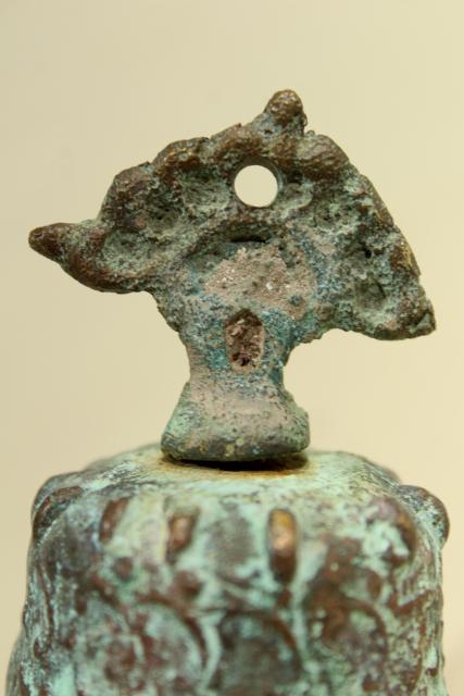 vintage bronze temple or garden bell w/ verdigris green, handcrafted souvenir metal art
