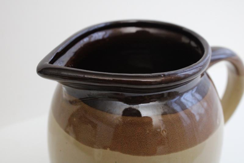 vintage brown band stoneware pottery milk jug, one quart size pitcher
