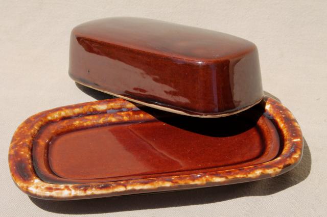 vintage brown drip glaze stoneware pottery, covered plate butter dish