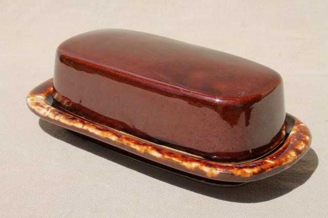 vintage brown drip glaze stoneware pottery, covered plate butter dish