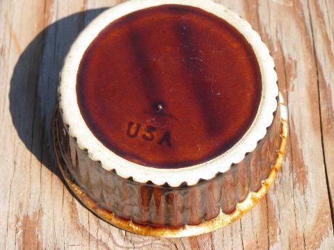 vintage brown drip pottery individual baking ramekins or custard cups