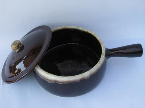 vintage brown drip pottery, large french casserole w/ stick handle