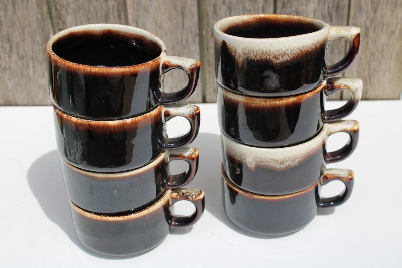 vintage brown drip pottery mugs, stackable cups Pfaltzgraff heavy stoneware 