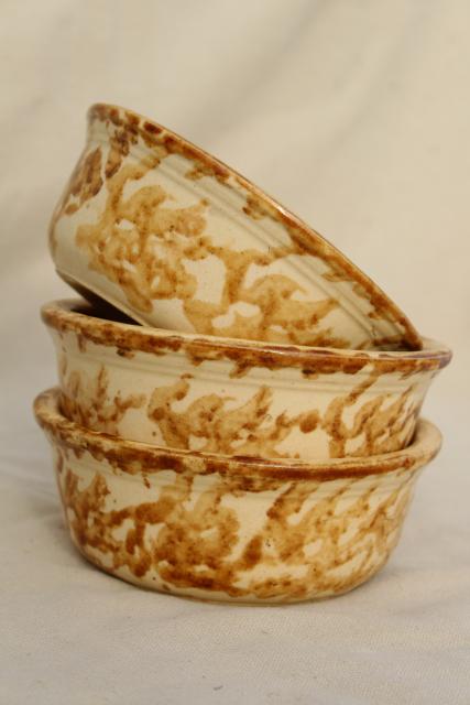 vintage brown spongeware oatmeal bowls, Rockingham yellow ware pottery stoneware