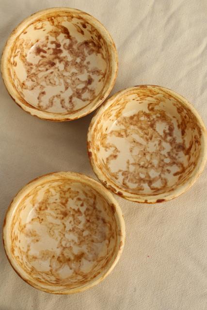 vintage brown spongeware oatmeal bowls, Rockingham yellow ware pottery stoneware