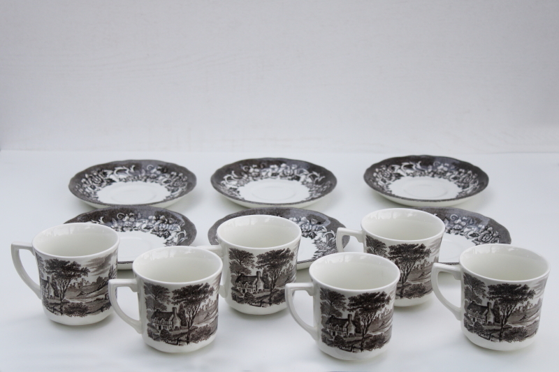vintage brown transferware ironstone china cups & saucers, Stratford Stage English village scene J&G Meakin
