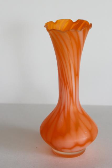 vintage bud vase, tangerine orange & white spatter art glass, satin frosted glass