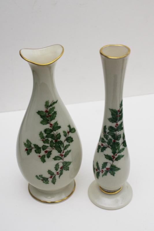 vintage bud vases Lenox holiday green & red holly pattern china, ivory w/ gold