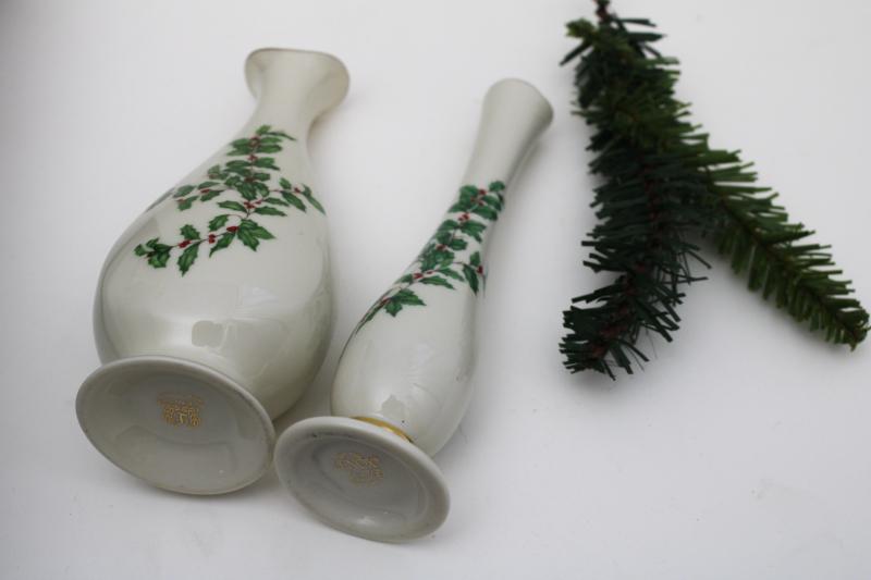vintage bud vases Lenox holiday green & red holly pattern china, ivory w/ gold