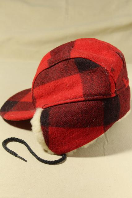 1920s30s JC Penney Red and Black Checkered Corduroy Hunting Cap with Ear Flaps