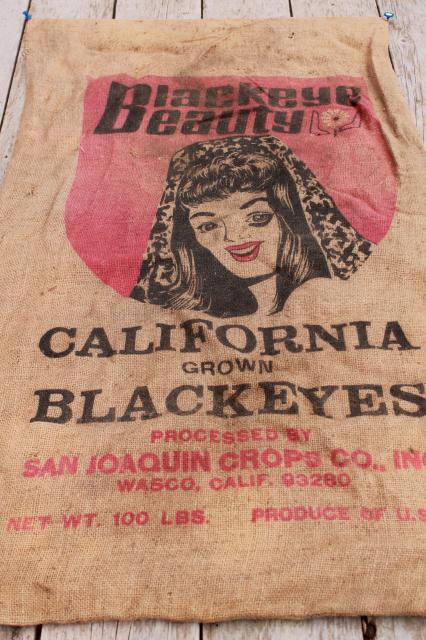 vintage burlap bag, blackeyed peas sack w/ Blackeye Beauty girl graphics