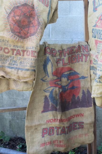 vintage burlap bags, lot of old potato sacks w/ printed advertising graphics