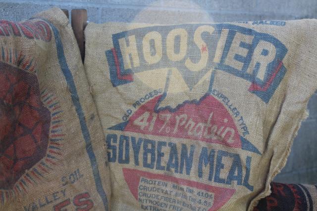 vintage burlap bags, lot of old potato sacks w/ printed advertising graphics