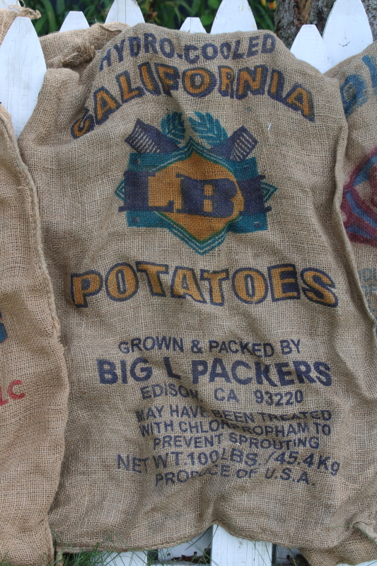 vintage burlap bags, mixed lot old potato sacks w/ colorful farm print graphics