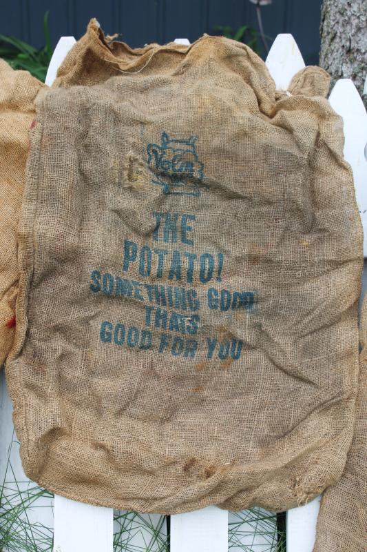 vintage burlap bags, mixed lot old potato sacks w/ farm labels, print graphics