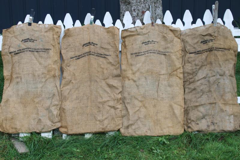vintage burlap bags, old potato sacks w/ print graphics Big L buck deer silhouette