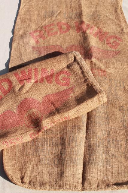 vintage burlap grain sacks, livestock farm feed bags w/ old Red Wing advertising graphics