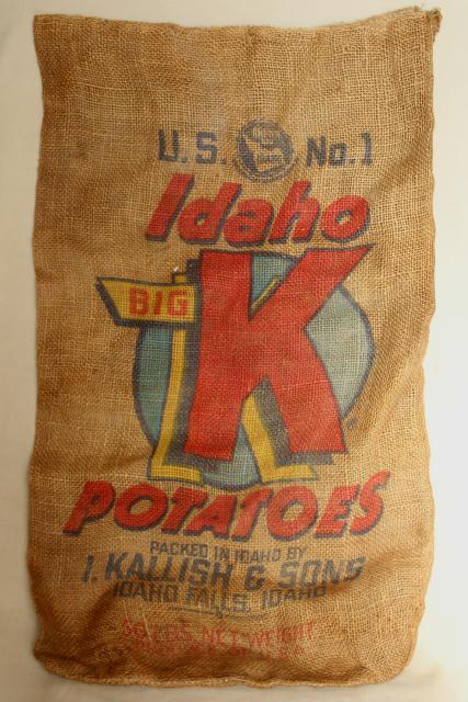 vintage burlap gunny sack, Big K potatoes bright colorful print graphics