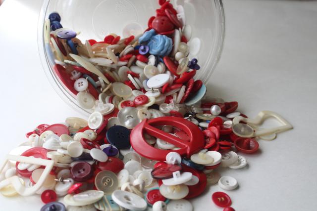 vintage buttons & buckles for sewing, crafts projects - red white blue plastic and bakelite