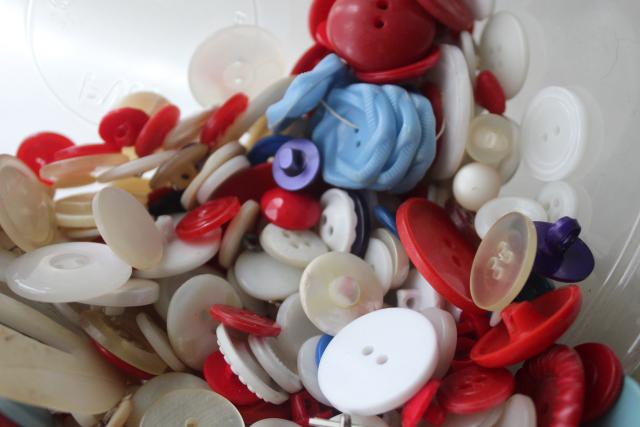vintage buttons & buckles for sewing, crafts projects - red white blue plastic and bakelite