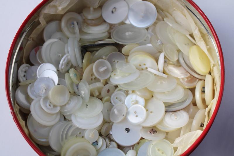 vintage buttons lot, mostly white in various sizes plastic, mother of pearl shell