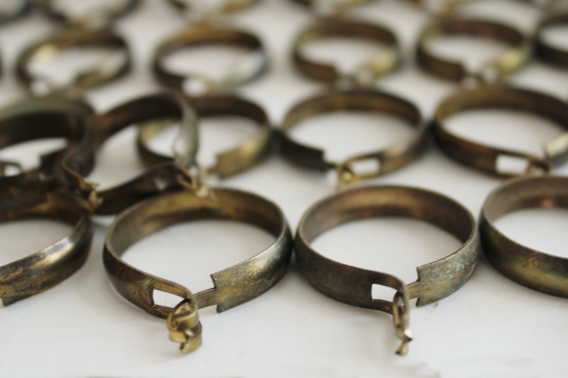vintage cafe curtain rings w/ strong pinch clips, antique brass plated steel drapery hardware