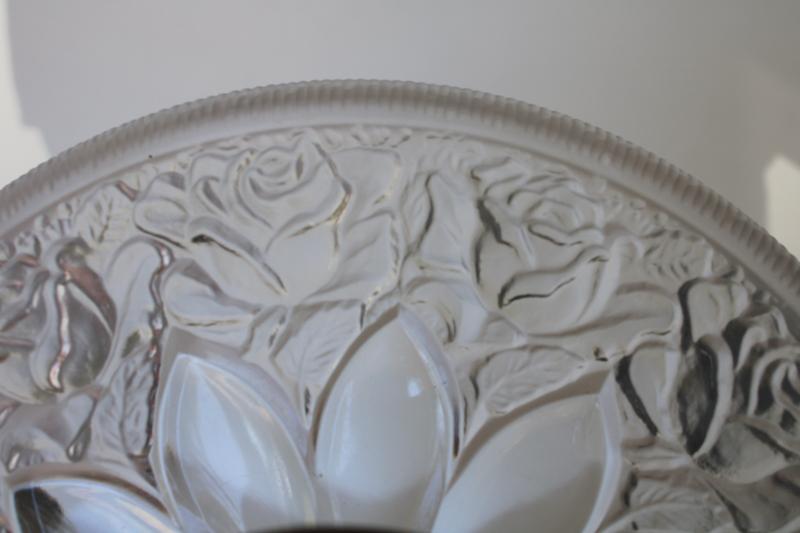 vintage cake plate w/ silver stand, crystal frosted glass puffy roses pattern